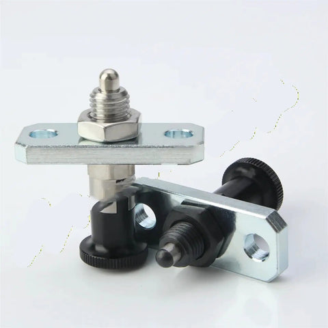 Heavy Duty Spring Loaded Indexing Plunger With Locking Knob And Flanged Base, M8 M10 M12 M16, showing metal components and knurled knobs.
