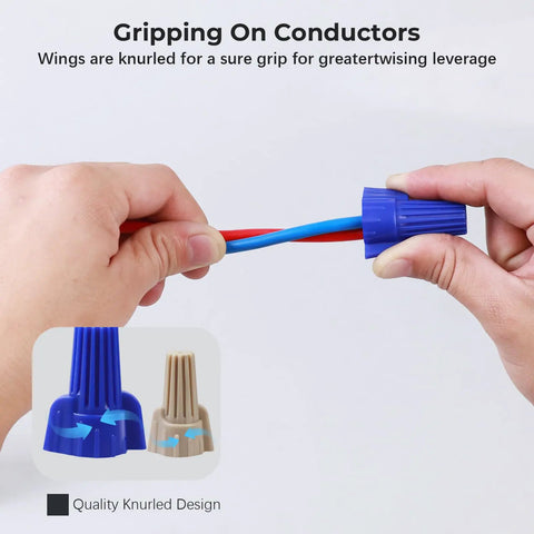 Hands securing wires with Tan Winged Wire Connectors 550 Pcs Pack For 22 8 AWG Twist On Screw On Type Connectors with knurled wings.