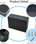 Diagram showing details of IP65 Waterproof Junction Box ABS Plastic Outdoor Electrical Enclosure, black with gaskets and screws.