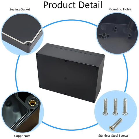 Diagram showing details of IP65 Waterproof Junction Box ABS Plastic Outdoor Electrical Enclosure, black with gaskets and screws.