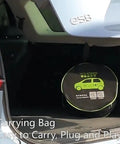 Car trunk holding carrying bag with Portable Level 2 EV Charger With Up To 16 Amp Smart Charging Is Plug And Go Ready And Works With 120V Or 240V Outlets Includes 16 Foot Cable For Home Or On The Go EV Charging White.