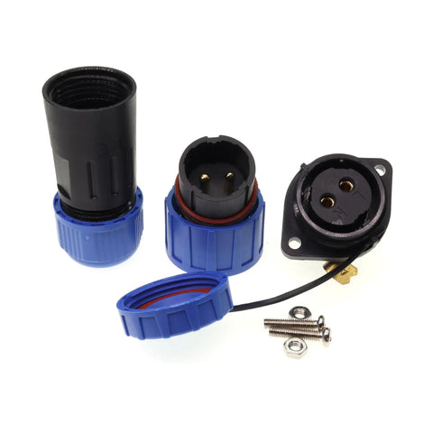Tough As Nails 2 Pin Waterproof Screw Crimp Connector Featuring Gold Plated Copper Contacts And IP68 Sealing, disassembled view with components.