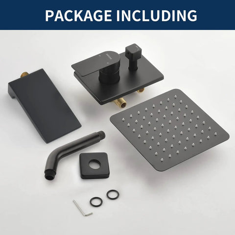 Shower Faucet Set With Tub Spout And Waterfall Tub Trim Kit Includes Rough In Valve Wall Mounted Shower Tub Fixtures In Brushed Nickel Finish Model 33010BN Easy Install Premium Pressure Balance Valve components displayed