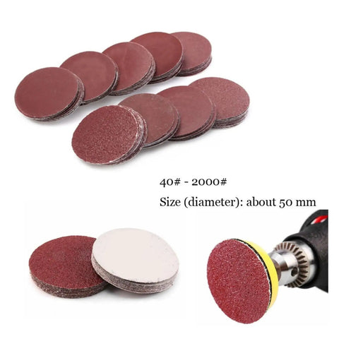 100 pc Assorted Sandpaper Grits With Polishing Pads For Metal And Wood Grinding, assorted sanding discs stacked, 50mm diameter.