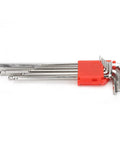 Heavy Duty Nine Piece Metric Hex Key Set Wrench Kit Storage Cover Chrome Vanadium Steel Auto Repair Machine Handles 1 5 Mm To 10mm Bolts Rugged Build Stops Snapping Grinds Fixed Repairs Shop Mechanics Finish Work Save Avoid Brands, folded hex keys in red holder