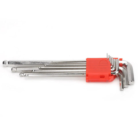 Heavy Duty Nine Piece Metric Hex Key Set Wrench Kit Storage Cover Chrome Vanadium Steel Auto Repair Machine Handles 1 5 Mm To 10mm Bolts Rugged Build Stops Snapping Grinds Fixed Repairs Shop Mechanics Finish Work Save Avoid Brands, folded hex keys in red holder