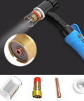 Complete TIG Welding Torch Accessories Kit with glass cup, gas lens, collet for WP-17 WP-18 WP-26, shown with blue torch handle