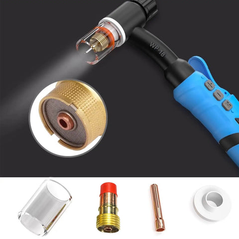 Complete TIG Welding Torch Accessories Kit with glass cup, gas lens, collet for WP-17 WP-18 WP-26, shown with blue torch handle