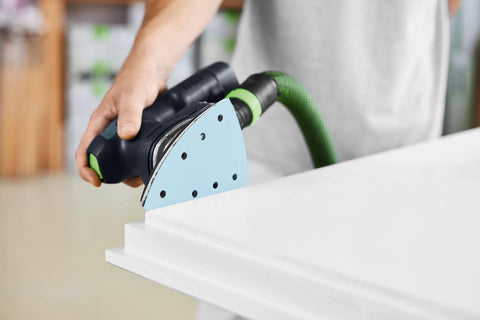 Person using DTS 400 Sander with P80 Grit Granat Abrasive Sheets for smooth finishes on painted surfaces.