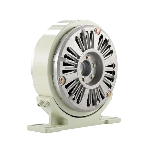 Front view: LVSEDTAL magnetic powder brake with base, green housing and gray vented hub