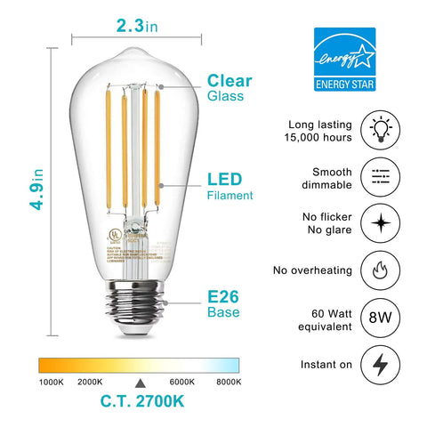 Diagram of Retro Edison LED Filament Bulbs 8W ST58 Dimmable With 60W Equivalent showing dimensions and features