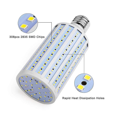60W LED Corn Light Bulb With Large Mogul E39 Base 6000 Lumens Daylight 6500K showing SMD chips and heat dissipation features