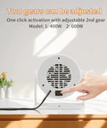 Back view of white compact portable space heater with adjustable 400W/600W settings, for indoor use and desk or small room warming.