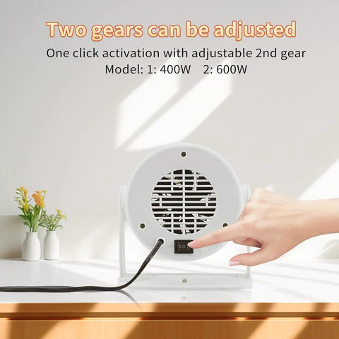 Back view of white compact portable space heater with adjustable 400W/600W settings, for indoor use and desk or small room warming.