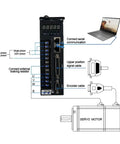 Front view of black AC servo drive with digital display, terminal blocks, connected to a servo motor and laptop.