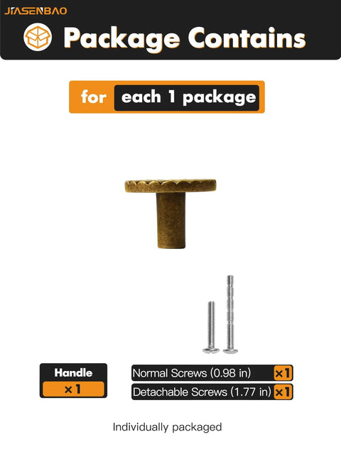 Package contents: Antique Brass Cabinet Knobs 10 Pack Vintage Flat Drawer Pulls hardware, one handle, and two screws.