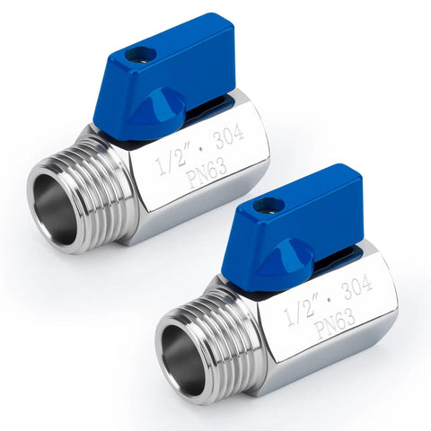 Two Pack Half Inch Mini Ball Valve 304 Stainless Steel Water Flow Control Built Tough Male To Female NPT Threads With Quarter Turn Shut Off Drain Valve