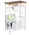 White Metal Bathroom Organizer With Scrollwork And Wood Top Shelf Magazine Basket And Towel Storage Stand For Vanity Or Bath Area Space Saving Table Style Organizer For Toiletries And Magazines with magazines and toilet paper displayed