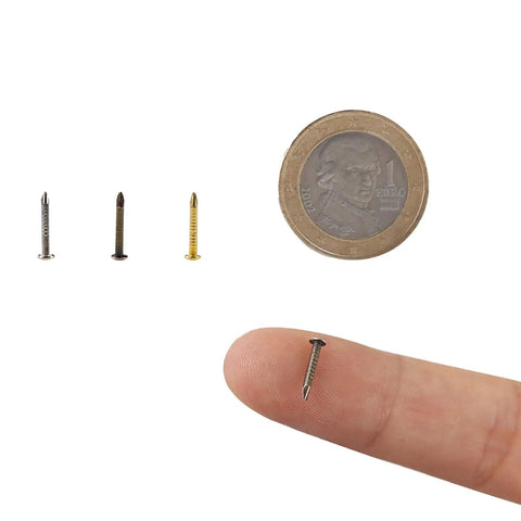 500 Pack Tiny Round Head Nails For String Art And Woodworking 10mm Length 1mm Thread Diameter Iron Silver Finish Mini Nails For Diy And Handmade Projects next to a coin for scale