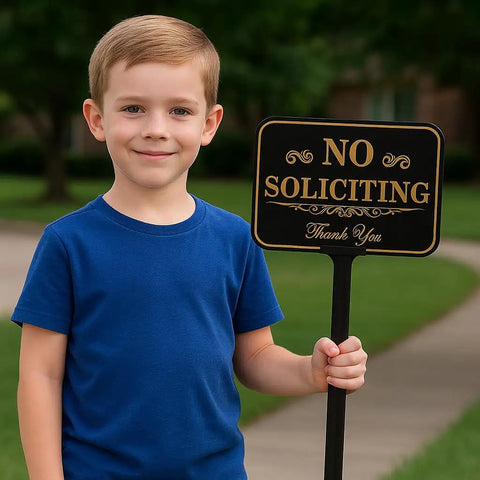 Child holding Heavy Duty No Soliciting Yard Sign With 37 Inch Adjustable Stake For Home And Biz 14 By 10 Inch Aluminum Sign