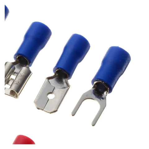 Top Shelf 300pc Electrical Wire Crimp Terminals Kit With Insulated Spade Butt Connectors And Assorted Terminales Perfect For Any Wiring Project You Need To Get Done Quick And Smack On Time Today. Blue insulated wire crimp terminals, close-up.