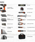 Home Tool Kit With 20V Max Drill Driver, 83-Piece Set Including Drill Bits And Screwdriver Bits, Pliers, Hex Wrenches, Tape Measure, Level, Hammer, Screwdrivers, Battery, Charger, And Carry Bag For Easy DIY Projects shown with tools and accessories.