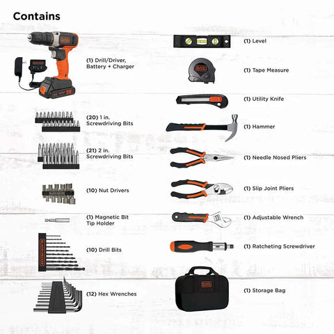 Home Tool Kit With 20V Max Drill Driver, 83-Piece Set Including Drill Bits And Screwdriver Bits, Pliers, Hex Wrenches, Tape Measure, Level, Hammer, Screwdrivers, Battery, Charger, And Carry Bag For Easy DIY Projects shown with tools and accessories.