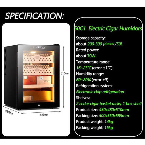 Top Shelf Electric Cigar Humidor For Men Kickass Cedar Wood Cabinet with specifications and dimensions displayed.