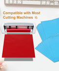 Cutting machine with red vinyl, next to a stack of Light Blue Adhesive Vinyl Sheets Bundle 10 Pcs 12 By 12 Self Adhesive Matte Metallic Vinyl.