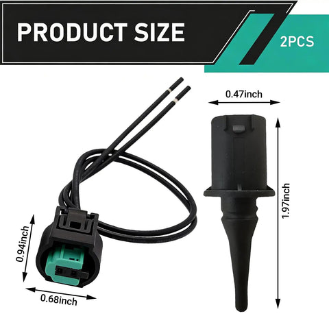 Kick Your Climate Game Up With This Outside Ambient Air Temperature Sensor Connector Plug And Wire Harness Kit For Mercedes Models Quick Hookup Straight Up Reliable Smooth Cabin Control Built To Last On Long Drives with two pieces showing size dimensions.