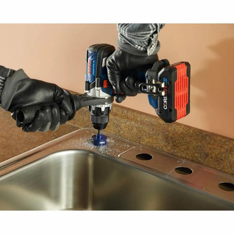 GSR18V-975CN 18V Brushless Drill Driver Bare Tool in use for drilling a sink countertop with precision clutch control.