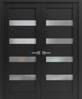 Two Door Double Swing French Interior Doors With Frosted Glass, Matte Black Finish, MDF Frame, 84x80 Inches, Front View