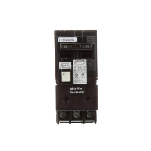 Frontal view of GFCI Circuit Interrupter Breaker 15 Amp 2 Pole 120V 10,000 AIC Self Test UL 943 Class A