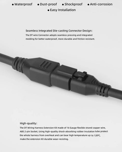 Close-up of 2-In-1 2ft Universal DT Splitter Wiring Harness with plug-and-play 2-pin extension kit connector for LED lights.