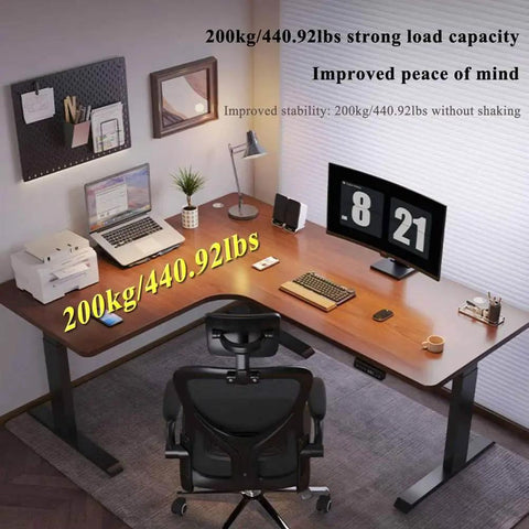 Electric Height Adjustable L Shaped Standing Desk Featuring An Ergonomic Corner Layout With Smooth Dual Motor Sit Stand Engineering Crafted For Home Office Hustlers Seeking A Legit Space Saving Upgrade with dual monitors and a laptop.