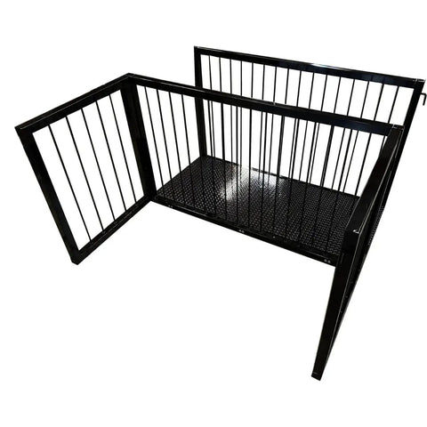 Heavy Duty Livestock Weighing Scale With Panel Guard For Cattle Featuring Six Foot Platform Five Thousand Lbs Capacity One Lb Accuracy Digital Screen Plus Peak Hold Feature No Fuss Setup For Back Forty Barns with black metal frame and grid design.