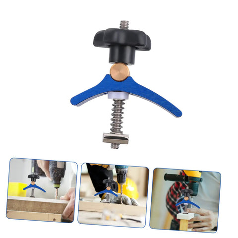 Heavy Duty Track Hold Down Clamp For Woodworking And Carpentry, T Track Clip with blue and black design in use on wood projects.