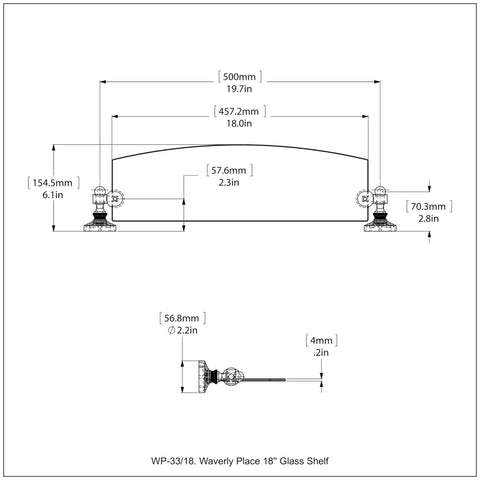 Technical drawing of Waverly Place 18 Inch Glass Shelf in Antique Brass with dimensions and concealed mounting details.