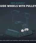 Genuine Replacement Guide Wheels Four Pack With Two Pulley Gears Fits Nautilus CC Plus Premier Supreme And Treadmills visible in heavy-duty plastic and stainless steel.