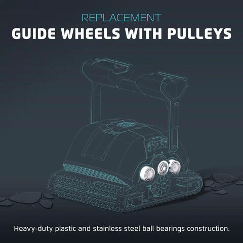 Genuine Replacement Guide Wheels Four Pack With Two Pulley Gears Fits Nautilus CC Plus Premier Supreme And Treadmills visible in heavy-duty plastic and stainless steel.