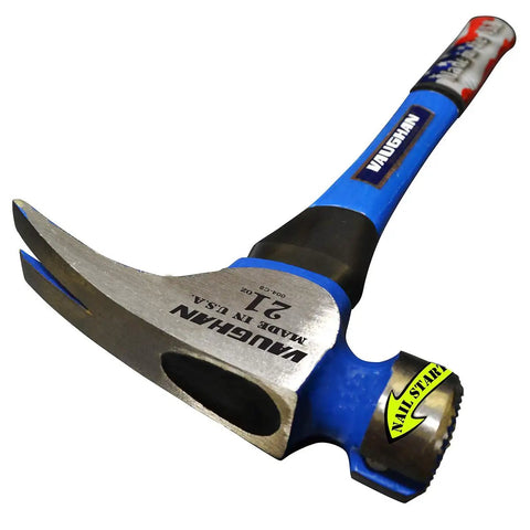 California Framer Fiberglass Hammer With Milled Face, 21-Ounce Weight, featuring blue handle and claw, front view, Made In USA.