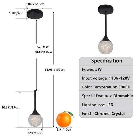 Lit Cylinder Bubble Crystal Pendant Lights LED Hanging Ceiling Fixtures dimensions and specs for kitchen island and dining room.