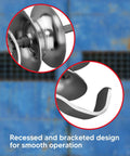 Close-up of Two Pack Five Inch Sliding Gate Rollers With Galvanized Steel Wheel for One And Five Eighths Inch Pipe Track Outdoor Rustproof