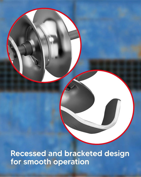 Close-up of Two Pack Five Inch Sliding Gate Rollers With Galvanized Steel Wheel for One And Five Eighths Inch Pipe Track Outdoor Rustproof