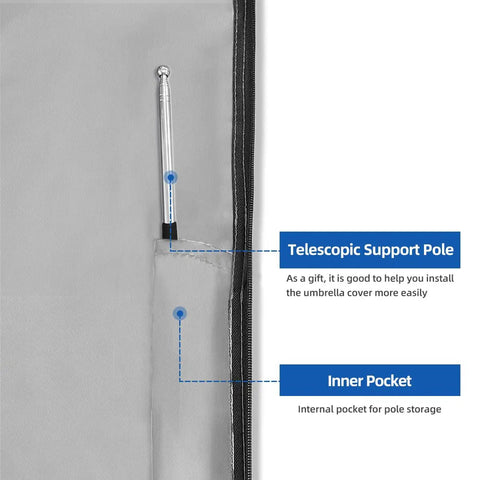 Heavy Duty Patio Cantilever Umbrella Cover With Air Vent 600D Waterproof Fabric UV Shield Anti Fade And Tear Resistant For 9 To 13 Foot Cantilever Umbrellas Telescopic Support Pole showing telescopic pole and inner pocket