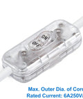 Inline Cord Switch 6A 250V Transparent Lamp Switch Replacement, No Fuss DIY On Off Rocker Switch For Table Floor LED Lights And Small Appliances, Fits Up To One Quarter Inch Cord Two Pack. clear 6A 250V inline cord switch with ON/OFF label