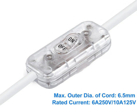 Inline Cord Switch 6A 250V Transparent Lamp Switch Replacement, No Fuss DIY On Off Rocker Switch For Table Floor LED Lights And Small Appliances, Fits Up To One Quarter Inch Cord Two Pack. clear 6A 250V inline cord switch with ON/OFF label