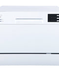 Compact Countertop Dishwasher Featuring A Slick Digital Interface And Six Heavy Duty Wash Cycles Engineered For Top Tier Energy Savings With Quick Connect Faucet Adapter And Flexible Delay Start For A Truly No Sweat Cleaning Routine In Crisp White - Front view showing touchscreen.