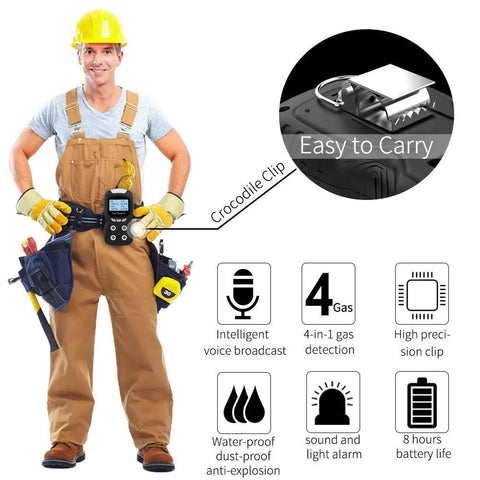 Portable Four Gas Detector With Pro Grade Rechargeable LCD Display And Audible Alarm For Oxygen Carbon Monoxide Hydrogen Sulfide And Explosive Gases Lightweight Air Quality Tester With Easy Calibration And Two Year Warranty, handheld with clip