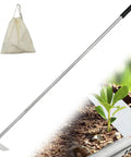 Japanese Weeding Sickle Hoe With Adjustable Long Handle For Standing Weeding Angular Sickle Garden Tool next to young plant